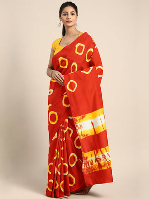 Red & Beige Tie & Dyed Handcrafted Cotton Saree-Saree-Kalakari India-BHKPSA0037-Cotton, Dabu, Geographical Indication, Hand Blocks, Hand Crafted, Heritage Prints, Indigo, Natural Dyes, Sarees, Sustainable Fabrics-[Linen,Ethnic,wear,Fashionista,Handloom,Handicraft,Indigo,blockprint,block,print,Cotton,Chanderi,Blue, latest,classy,party,bollywood,trendy,summer,style,traditional,formal,elegant,unique,style,hand,block,print, dabu,booti,gift,present,glamorous,affordable,collectible,Sari,Saree,printed,