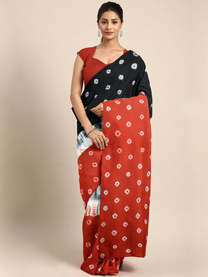 Red & Black Tie & Dyed Handcrafted Cotton Saree-Saree-Kalakari India-BHKPSA0038-Cotton, Dabu, Geographical Indication, Hand Blocks, Hand Crafted, Heritage Prints, Indigo, Natural Dyes, Sarees, Sustainable Fabrics-[Linen,Ethnic,wear,Fashionista,Handloom,Handicraft,Indigo,blockprint,block,print,Cotton,Chanderi,Blue, latest,classy,party,bollywood,trendy,summer,style,traditional,formal,elegant,unique,style,hand,block,print, dabu,booti,gift,present,glamorous,affordable,collectible,Sari,Saree,printed,