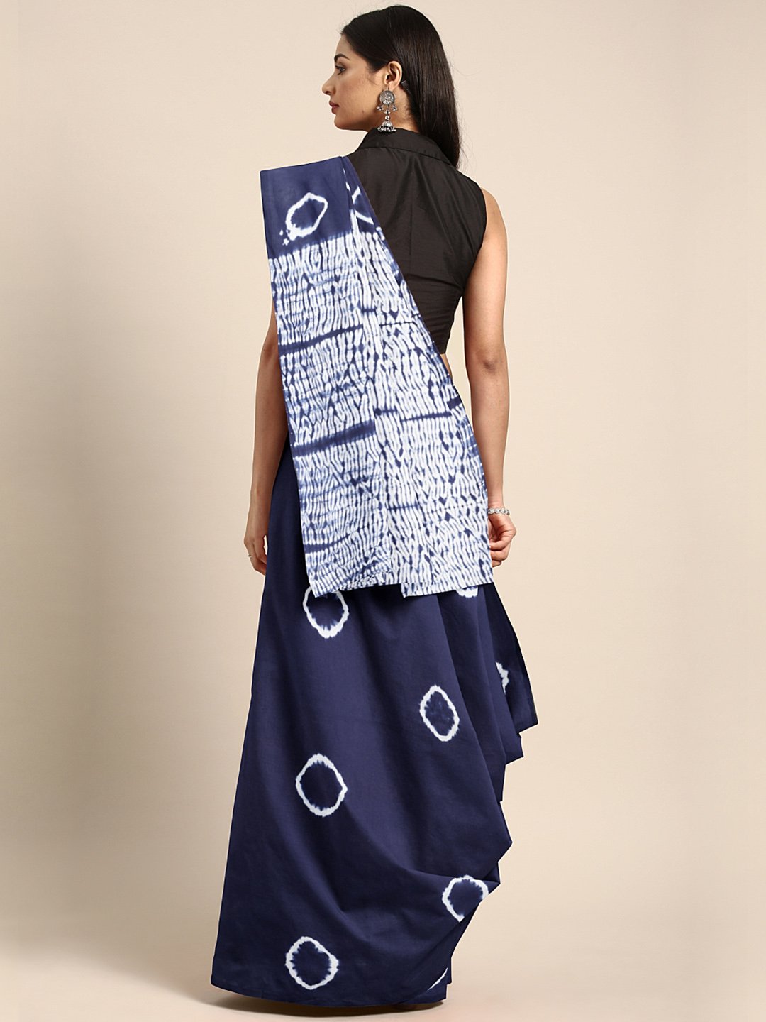 Indigo Dyed Saree Shibori Tie & Dyed Handcrafted Cotton Saree-Saree-Kalakari India-BHKPSA0039-Cotton, Geographical Indication, Hand Blocks, Hand Crafted, Heritage Prints, Sarees, Shibori, Sustainable Fabrics-[Linen,Ethnic,wear,Fashionista,Handloom,Handicraft,Indigo,blockprint,block,print,Cotton,Chanderi,Blue, latest,classy,party,bollywood,trendy,summer,style,traditional,formal,elegant,unique,style,hand,block,print, dabu,booti,gift,present,glamorous,affordable,collectible,Sari,Saree,printed, holi