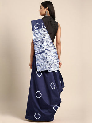 Indigo Dyed Saree Shibori Tie & Dyed Handcrafted Cotton Saree-Saree-Kalakari India-BHKPSA0039-Cotton, Geographical Indication, Hand Blocks, Hand Crafted, Heritage Prints, Sarees, Shibori, Sustainable Fabrics-[Linen,Ethnic,wear,Fashionista,Handloom,Handicraft,Indigo,blockprint,block,print,Cotton,Chanderi,Blue, latest,classy,party,bollywood,trendy,summer,style,traditional,formal,elegant,unique,style,hand,block,print, dabu,booti,gift,present,glamorous,affordable,collectible,Sari,Saree,printed, holi