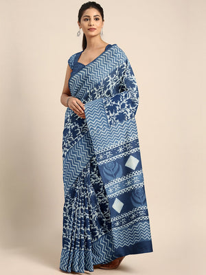 Navy Blue & White Mud Resist Handblock Print Handcrafted Cotton Saree-Saree-Kalakari India-BHKPSA0041-Cotton, Dabu, Geographical Indication, Hand Blocks, Hand Crafted, Heritage Prints, Indigo, Natural Dyes, Sarees, Sustainable Fabrics-[Linen,Ethnic,wear,Fashionista,Handloom,Handicraft,Indigo,blockprint,block,print,Cotton,Chanderi,Blue, latest,classy,party,bollywood,trendy,summer,style,traditional,formal,elegant,unique,style,hand,block,print, dabu,booti,gift,present,glamorous,affordable,collectib