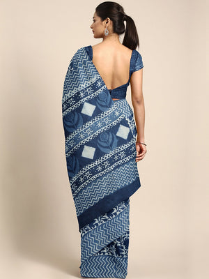 Navy Blue & White Mud Resist Handblock Print Handcrafted Cotton Saree-Saree-Kalakari India-BHKPSA0041-Cotton, Dabu, Geographical Indication, Hand Blocks, Hand Crafted, Heritage Prints, Indigo, Natural Dyes, Sarees, Sustainable Fabrics-[Linen,Ethnic,wear,Fashionista,Handloom,Handicraft,Indigo,blockprint,block,print,Cotton,Chanderi,Blue, latest,classy,party,bollywood,trendy,summer,style,traditional,formal,elegant,unique,style,hand,block,print, dabu,booti,gift,present,glamorous,affordable,collectib