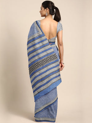 Blue & Grey Mud Resist Handblock Print Handcrafted Cotton Saree-Saree-Kalakari India-BHKPSA0050-Cotton, Dabu, Geographical Indication, Hand Blocks, Hand Crafted, Heritage Prints, Indigo, Natural Dyes, Sarees, Sustainable Fabrics-[Linen,Ethnic,wear,Fashionista,Handloom,Handicraft,Indigo,blockprint,block,print,Cotton,Chanderi,Blue, latest,classy,party,bollywood,trendy,summer,style,traditional,formal,elegant,unique,style,hand,block,print, dabu,booti,gift,present,glamorous,affordable,collectible,Sar