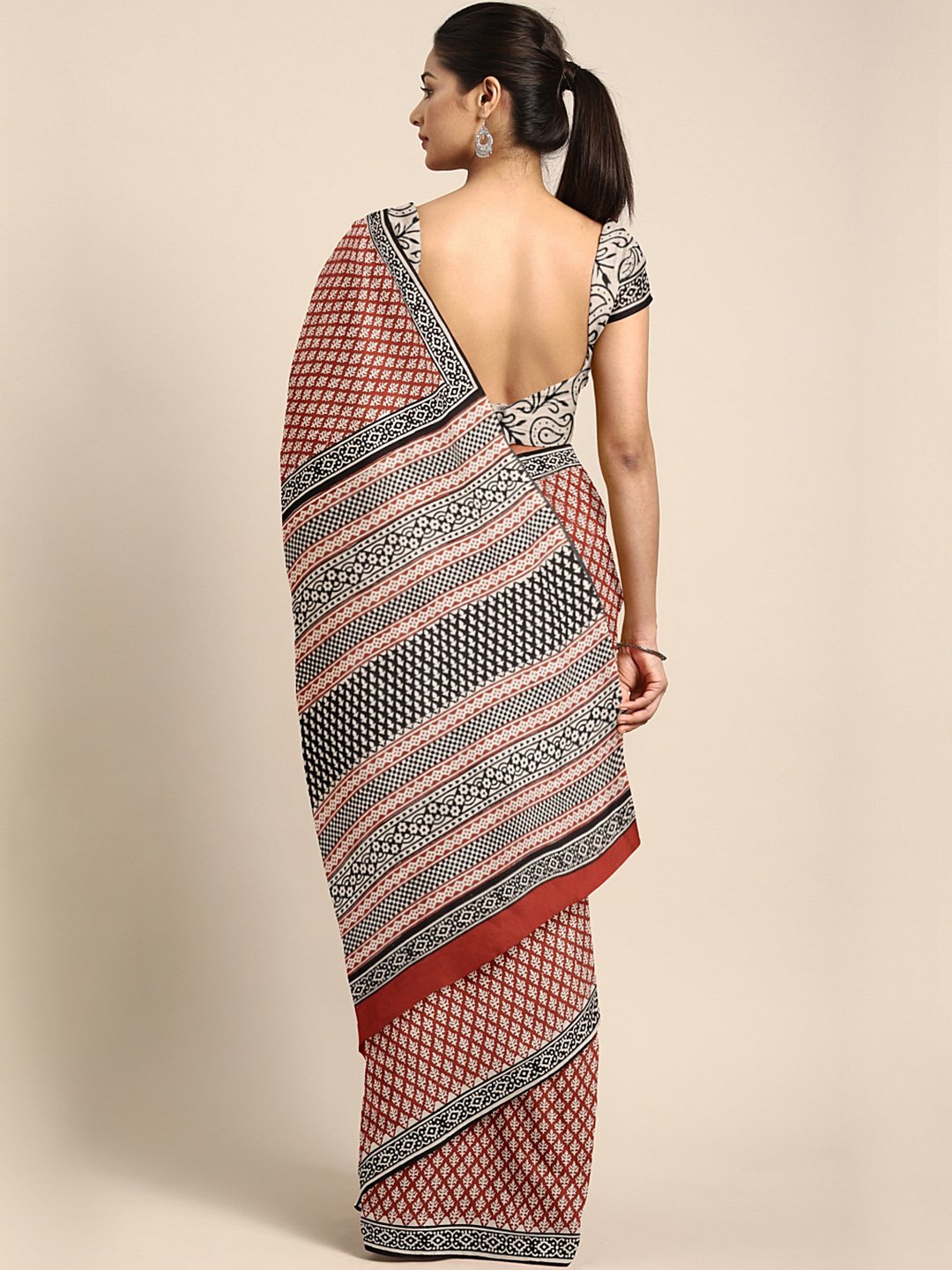 Rust Red & Beige Mud Resist Handblock Print Handcrafted Cotton Saree-Saree-Kalakari India-BHKPSA0051-Cotton, Dabu, Geographical Indication, Hand Blocks, Hand Crafted, Heritage Prints, Indigo, Natural Dyes, Sarees, Sustainable Fabrics-[Linen,Ethnic,wear,Fashionista,Handloom,Handicraft,Indigo,blockprint,block,print,Cotton,Chanderi,Blue, latest,classy,party,bollywood,trendy,summer,style,traditional,formal,elegant,unique,style,hand,block,print, dabu,booti,gift,present,glamorous,affordable,collectibl