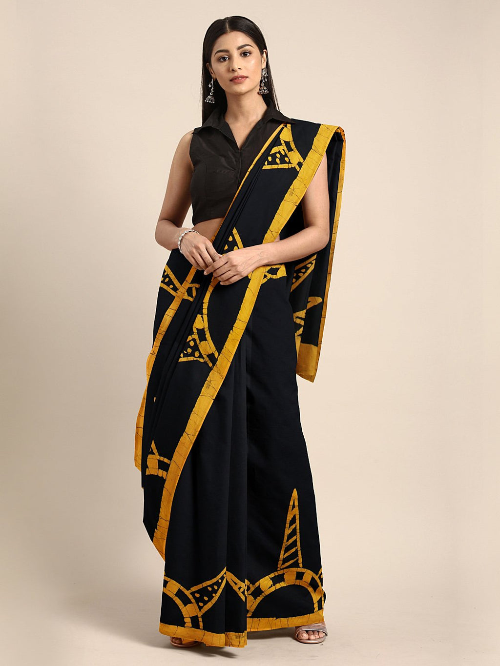 Mustard Yellow & Black Handblock Print Batik Handcrafted Cotton Saree-Saree-Kalakari India-BHKPSA0056-Batik, Cotton, Geographical Indication, Hand Blocks, Hand Crafted, Heritage Prints, Sarees, Sustainable Fabrics-[Linen,Ethnic,wear,Fashionista,Handloom,Handicraft,Indigo,blockprint,block,print,Cotton,Chanderi,Blue, latest,classy,party,bollywood,trendy,summer,style,traditional,formal,elegant,unique,style,hand,block,print, dabu,booti,gift,present,glamorous,affordable,collectible,Sari,Saree,printed