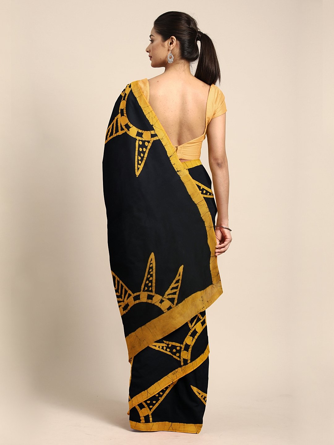 Mustard Yellow & Black Handblock Print Batik Handcrafted Cotton Saree-Saree-Kalakari India-BHKPSA0056-Batik, Cotton, Geographical Indication, Hand Blocks, Hand Crafted, Heritage Prints, Sarees, Sustainable Fabrics-[Linen,Ethnic,wear,Fashionista,Handloom,Handicraft,Indigo,blockprint,block,print,Cotton,Chanderi,Blue, latest,classy,party,bollywood,trendy,summer,style,traditional,formal,elegant,unique,style,hand,block,print, dabu,booti,gift,present,glamorous,affordable,collectible,Sari,Saree,printed