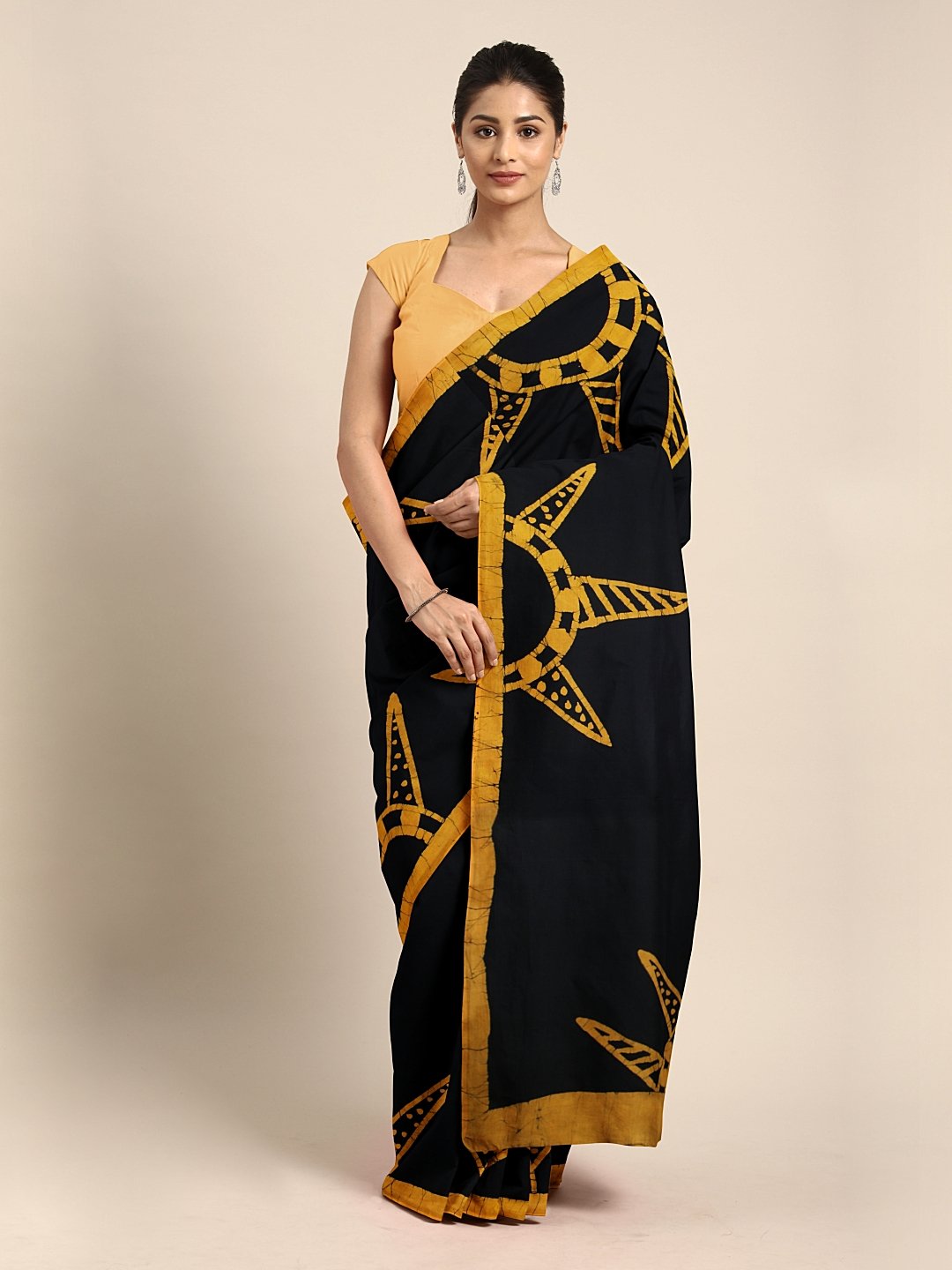 Mustard Yellow & Black Handblock Print Batik Handcrafted Cotton Saree-Saree-Kalakari India-BHKPSA0056-Batik, Cotton, Geographical Indication, Hand Blocks, Hand Crafted, Heritage Prints, Sarees, Sustainable Fabrics-[Linen,Ethnic,wear,Fashionista,Handloom,Handicraft,Indigo,blockprint,block,print,Cotton,Chanderi,Blue, latest,classy,party,bollywood,trendy,summer,style,traditional,formal,elegant,unique,style,hand,block,print, dabu,booti,gift,present,glamorous,affordable,collectible,Sari,Saree,printed