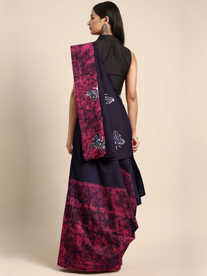 Navy Blue & Pink Tie & Dyed Handcrafted Batik Cotton Saree-Saree-Kalakari India-BHKPSA0057-Batik, Cotton, Geographical Indication, Hand Blocks, Hand Crafted, Heritage Prints, Sarees, Sustainable Fabrics-[Linen,Ethnic,wear,Fashionista,Handloom,Handicraft,Indigo,blockprint,block,print,Cotton,Chanderi,Blue, latest,classy,party,bollywood,trendy,summer,style,traditional,formal,elegant,unique,style,hand,block,print, dabu,booti,gift,present,glamorous,affordable,collectible,Sari,Saree,printed, holi, Diw