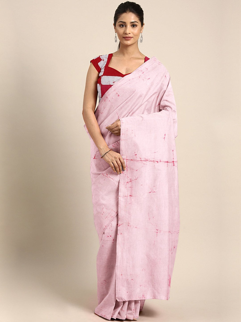 White & Pink Shibori Tie & Dyed Handcrafted Cotton Saree-Saree-Kalakari India-BHKPSA0062-Cotton, Geographical Indication, Hand Blocks, Hand Crafted, Heritage Prints, Sarees, Shibori, Sustainable Fabrics-[Linen,Ethnic,wear,Fashionista,Handloom,Handicraft,Indigo,blockprint,block,print,Cotton,Chanderi,Blue, latest,classy,party,bollywood,trendy,summer,style,traditional,formal,elegant,unique,style,hand,block,print, dabu,booti,gift,present,glamorous,affordable,collectible,Sari,Saree,printed, holi, Diw