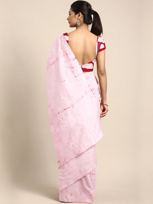 White & Pink Shibori Tie & Dyed Handcrafted Cotton Saree-Saree-Kalakari India-BHKPSA0062-Cotton, Geographical Indication, Hand Blocks, Hand Crafted, Heritage Prints, Sarees, Shibori, Sustainable Fabrics-[Linen,Ethnic,wear,Fashionista,Handloom,Handicraft,Indigo,blockprint,block,print,Cotton,Chanderi,Blue, latest,classy,party,bollywood,trendy,summer,style,traditional,formal,elegant,unique,style,hand,block,print, dabu,booti,gift,present,glamorous,affordable,collectible,Sari,Saree,printed, holi, Diw