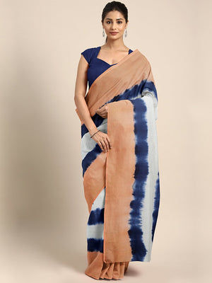 Peach-Coloured & Navy Blue Tie & Dyed Handcrafted Saree-Saree-Kalakari India-BHKPSA0066-Cotton, Dabu, Geographical Indication, Hand Blocks, Hand Crafted, Heritage Prints, Indigo, Natural Dyes, Sarees, Sustainable Fabrics-[Linen,Ethnic,wear,Fashionista,Handloom,Handicraft,Indigo,blockprint,block,print,Cotton,Chanderi,Blue, latest,classy,party,bollywood,trendy,summer,style,traditional,formal,elegant,unique,style,hand,block,print, dabu,booti,gift,present,glamorous,affordable,collectible,Sari,Saree,