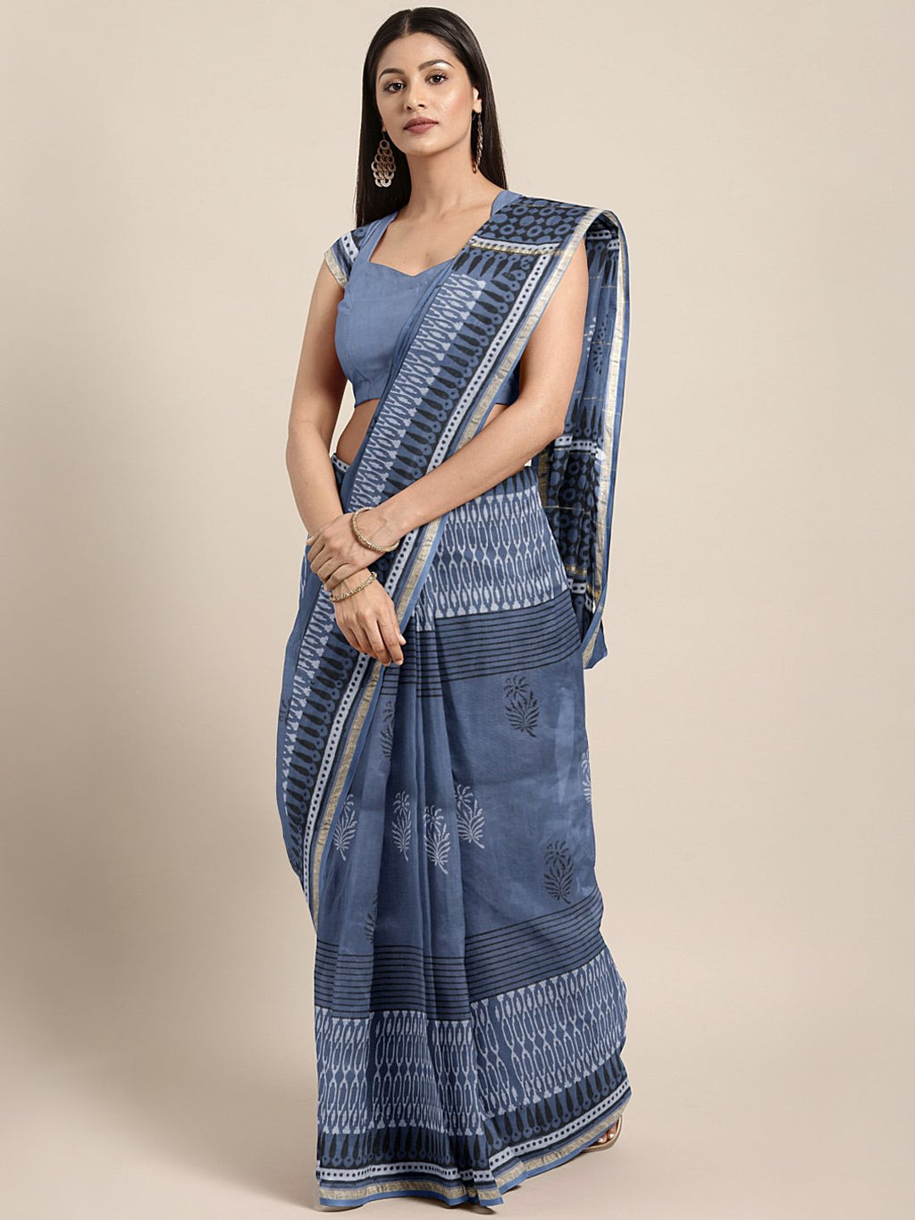 Navy Blue & White Handblock Print Handcrafted Chanderi Saree-Saree-Kalakari India-BHKPSA0070-Chanderi, Dabu, Geographical Indication, Hand Blocks, Hand Crafted, Heritage Prints, Indigo, Natural Dyes, Sarees, Sustainable Fabrics-[Linen,Ethnic,wear,Fashionista,Handloom,Handicraft,Indigo,blockprint,block,print,Cotton,Chanderi,Blue, latest,classy,party,bollywood,trendy,summer,style,traditional,formal,elegant,unique,style,hand,block,print, dabu,booti,gift,present,glamorous,affordable,collectible,Sari