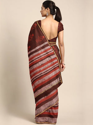 Brown & Maroon Mud Resist Handblock Print Handcrafted Cotton Saree-Saree-Kalakari India-BHKPSA0071-Cotton, Dabu, Geographical Indication, Hand Blocks, Hand Crafted, Heritage Prints, Indigo, Natural Dyes, Sarees, Sustainable Fabrics-[Linen,Ethnic,wear,Fashionista,Handloom,Handicraft,Indigo,blockprint,block,print,Cotton,Chanderi,Blue, latest,classy,party,bollywood,trendy,summer,style,traditional,formal,elegant,unique,style,hand,block,print, dabu,booti,gift,present,glamorous,affordable,collectible,