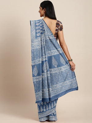 Blue White Dabu Handblock Print Bagru Saree-Saree-Kalakari India-BHKPSA0074-Cotton, Dabu, Geographical Indication, Hand Blocks, Hand Crafted, Heritage Prints, Indigo, Natural Dyes, Sarees, Sustainable Fabrics-[Linen,Ethnic,wear,Fashionista,Handloom,Handicraft,Indigo,blockprint,block,print,Cotton,Chanderi,Blue, latest,classy,party,bollywood,trendy,summer,style,traditional,formal,elegant,unique,style,hand,block,print, dabu,booti,gift,present,glamorous,affordable,collectible,Sari,Saree,printed, hol