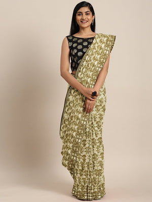 Green Off-White Dabu Handblock Print Bagru Saree-Saree-Kalakari India-BHKPSA0078-Cotton, Dabu, Geographical Indication, Hand Blocks, Hand Crafted, Heritage Prints, Indigo, Natural Dyes, Sarees, Sustainable Fabrics-[Linen,Ethnic,wear,Fashionista,Handloom,Handicraft,Indigo,blockprint,block,print,Cotton,Chanderi,Blue, latest,classy,party,bollywood,trendy,summer,style,traditional,formal,elegant,unique,style,hand,block,print, dabu,booti,gift,present,glamorous,affordable,collectible,Sari,Saree,printed