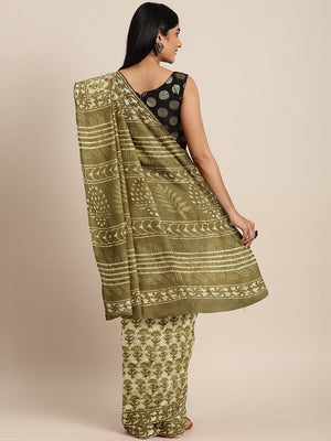 Green Off-White Dabu Handblock Print Bagru Saree-Saree-Kalakari India-BHKPSA0078-Cotton, Dabu, Geographical Indication, Hand Blocks, Hand Crafted, Heritage Prints, Indigo, Natural Dyes, Sarees, Sustainable Fabrics-[Linen,Ethnic,wear,Fashionista,Handloom,Handicraft,Indigo,blockprint,block,print,Cotton,Chanderi,Blue, latest,classy,party,bollywood,trendy,summer,style,traditional,formal,elegant,unique,style,hand,block,print, dabu,booti,gift,present,glamorous,affordable,collectible,Sari,Saree,printed