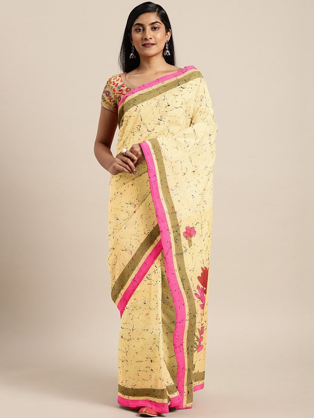 Yellow Pink Pure Cotton Handcrafted Printed Bagru Saree-Saree-Kalakari India-BHKPSA0087-Cotton, Geographical Indication, Hand Blocks, Hand Crafted, Heritage Prints, Sarees, Shibori, Sustainable Fabrics-[Linen,Ethnic,wear,Fashionista,Handloom,Handicraft,Indigo,blockprint,block,print,Cotton,Chanderi,Blue, latest,classy,party,bollywood,trendy,summer,style,traditional,formal,elegant,unique,style,hand,block,print, dabu,booti,gift,present,glamorous,affordable,collectible,Sari,Saree,printed, holi, Diwa