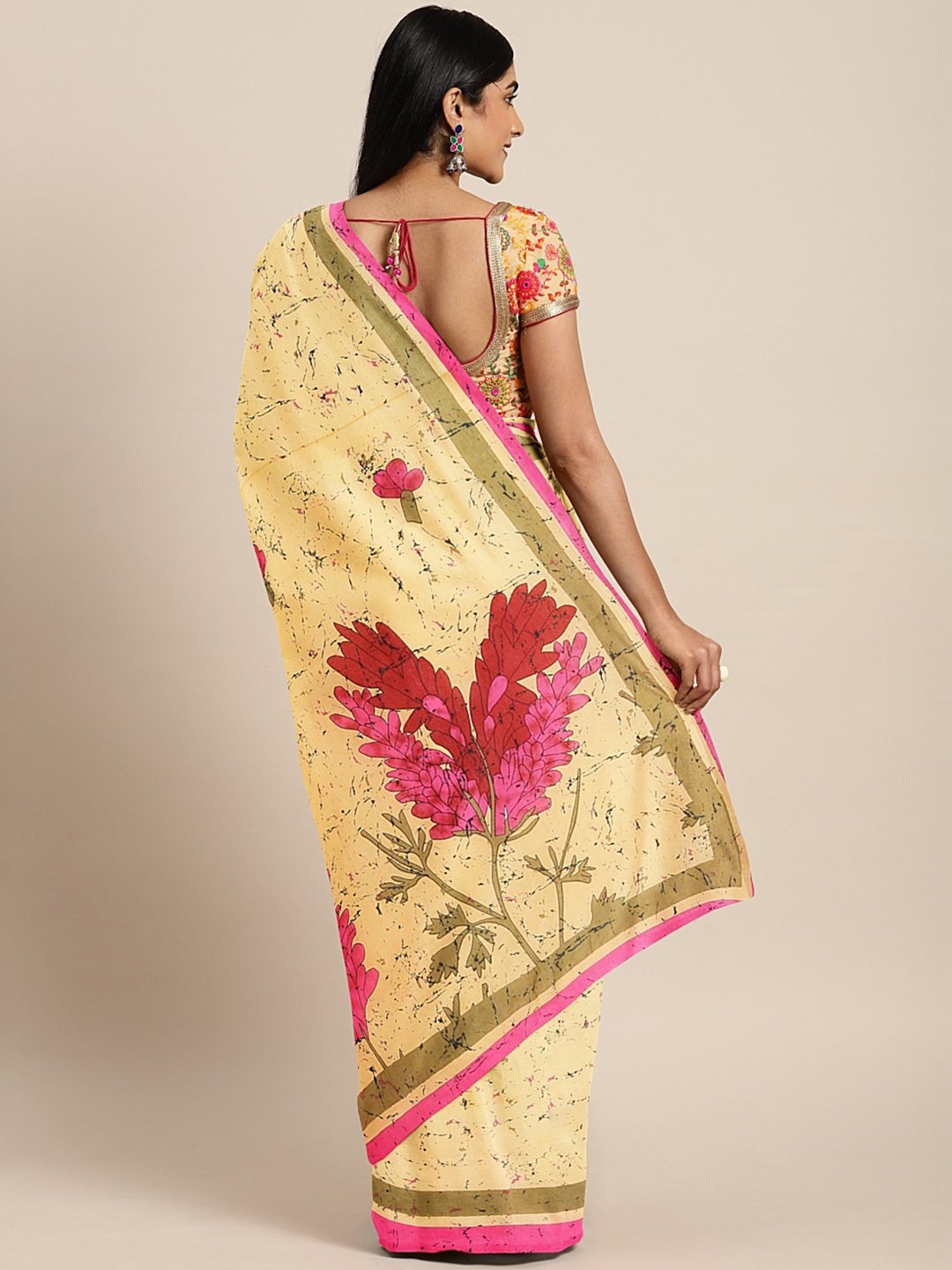 Yellow Pink Pure Cotton Handcrafted Printed Bagru Saree-Saree-Kalakari India-BHKPSA0087-Cotton, Geographical Indication, Hand Blocks, Hand Crafted, Heritage Prints, Sarees, Shibori, Sustainable Fabrics-[Linen,Ethnic,wear,Fashionista,Handloom,Handicraft,Indigo,blockprint,block,print,Cotton,Chanderi,Blue, latest,classy,party,bollywood,trendy,summer,style,traditional,formal,elegant,unique,style,hand,block,print, dabu,booti,gift,present,glamorous,affordable,collectible,Sari,Saree,printed, holi, Diwa