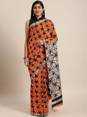 Orange Black Handcrafted Printed Bagru Saree-Saree-Kalakari India-BHKPSA0090-Cotton, Geographical Indication, Hand Blocks, Hand Crafted, Heritage Prints, Sarees, Shibori, Sustainable Fabrics-[Linen,Ethnic,wear,Fashionista,Handloom,Handicraft,Indigo,blockprint,block,print,Cotton,Chanderi,Blue, latest,classy,party,bollywood,trendy,summer,style,traditional,formal,elegant,unique,style,hand,block,print, dabu,booti,gift,present,glamorous,affordable,collectible,Sari,Saree,printed, holi, Diwali, birthda