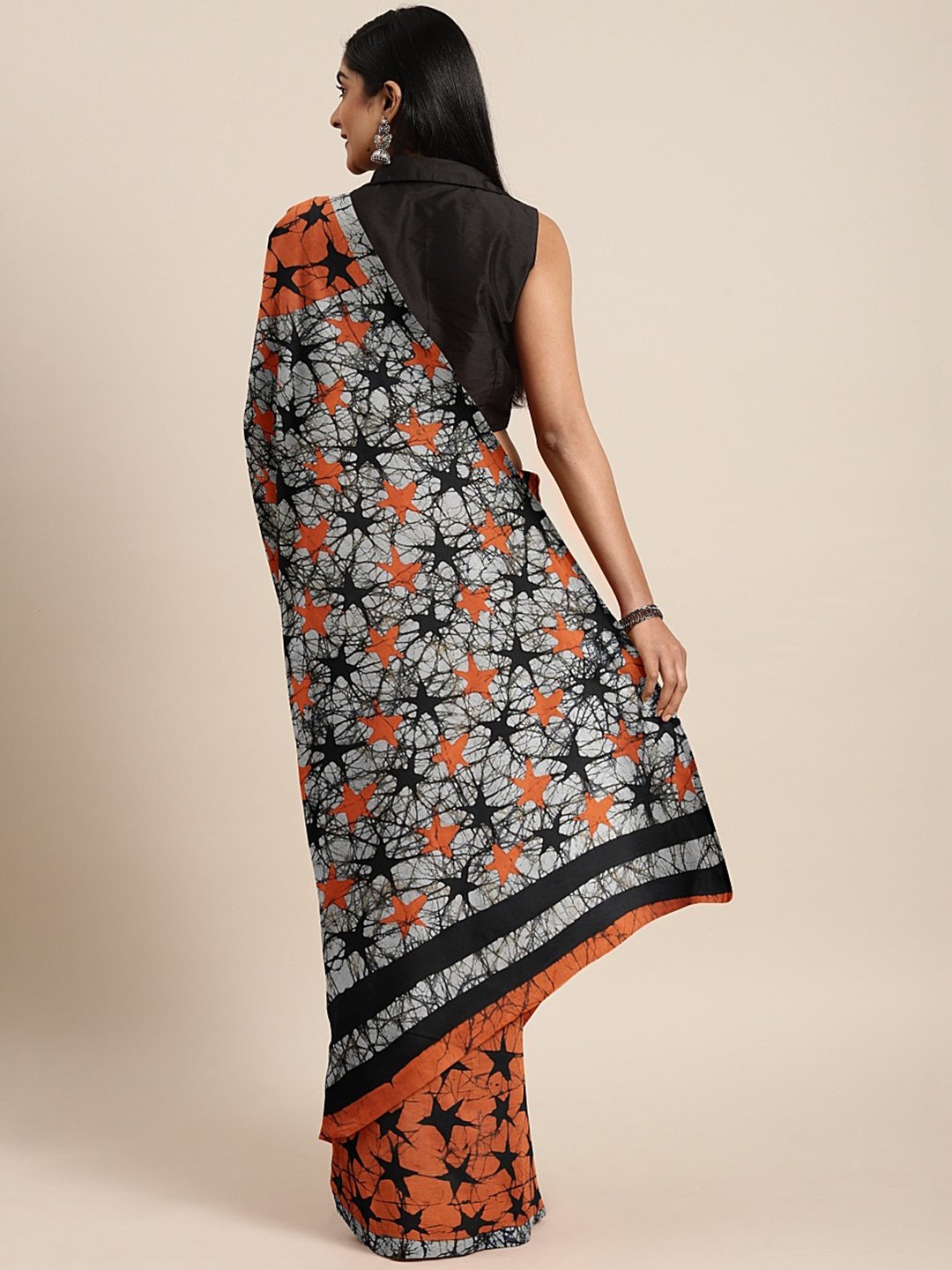 Orange Black Handcrafted Printed Bagru Saree-Saree-Kalakari India-BHKPSA0090-Cotton, Geographical Indication, Hand Blocks, Hand Crafted, Heritage Prints, Sarees, Shibori, Sustainable Fabrics-[Linen,Ethnic,wear,Fashionista,Handloom,Handicraft,Indigo,blockprint,block,print,Cotton,Chanderi,Blue, latest,classy,party,bollywood,trendy,summer,style,traditional,formal,elegant,unique,style,hand,block,print, dabu,booti,gift,present,glamorous,affordable,collectible,Sari,Saree,printed, holi, Diwali, birthda