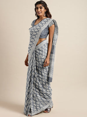 Grey Off-White Handloom Dabu Handblock Print Bagru Saree-Saree-Kalakari India-BHKPSA0093-Cotton, Dabu, Geographical Indication, Hand Blocks, Hand Crafted, Heritage Prints, Indigo, Natural Dyes, Sarees, Sustainable Fabrics-[Linen,Ethnic,wear,Fashionista,Handloom,Handicraft,Indigo,blockprint,block,print,Cotton,Chanderi,Blue, latest,classy,party,bollywood,trendy,summer,style,traditional,formal,elegant,unique,style,hand,block,print, dabu,booti,gift,present,glamorous,affordable,collectible,Sari,Saree