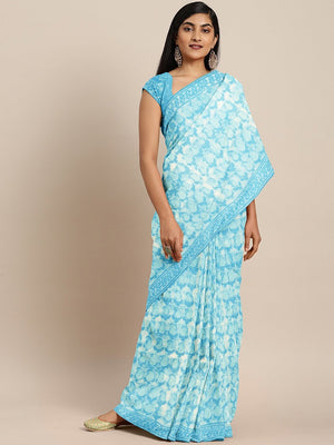 Blue White Dabu Handblock Print Bagru Saree-Saree-Kalakari India-BHKPSA0100-Cotton, Dabu, Geographical Indication, Hand Blocks, Hand Crafted, Heritage Prints, Indigo, Natural Dyes, Sarees, Sustainable Fabrics-[Linen,Ethnic,wear,Fashionista,Handloom,Handicraft,Indigo,blockprint,block,print,Cotton,Chanderi,Blue, latest,classy,party,bollywood,trendy,summer,style,traditional,formal,elegant,unique,style,hand,block,print, dabu,booti,gift,present,glamorous,affordable,collectible,Sari,Saree,printed, hol