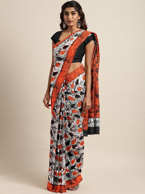 White Orange Printed Handcrafted Bagru Saree-Saree-Kalakari India-BHKPSA0101-Cotton, Geographical Indication, Hand Blocks, Hand Crafted, Heritage Prints, Sarees, Shibori, Sustainable Fabrics-[Linen,Ethnic,wear,Fashionista,Handloom,Handicraft,Indigo,blockprint,block,print,Cotton,Chanderi,Blue, latest,classy,party,bollywood,trendy,summer,style,traditional,formal,elegant,unique,style,hand,block,print, dabu,booti,gift,present,glamorous,affordable,collectible,Sari,Saree,printed, holi, Diwali, birthda