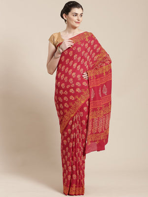 Burgundy Handblock Print Saree-Saree-Kalakari India-BHKPSA0103-Cotton, Geographical Indication, Hand Blocks, Hand Crafted, Heritage Prints, Sanganeri, Sarees, Sustainable Fabrics-[Linen,Ethnic,wear,Fashionista,Handloom,Handicraft,Indigo,blockprint,block,print,Cotton,Chanderi,Blue, latest,classy,party,bollywood,trendy,summer,style,traditional,formal,elegant,unique,style,hand,block,print, dabu,booti,gift,present,glamorous,affordable,collectible,Sari,Saree,printed, holi, Diwali, birthday, anniversa