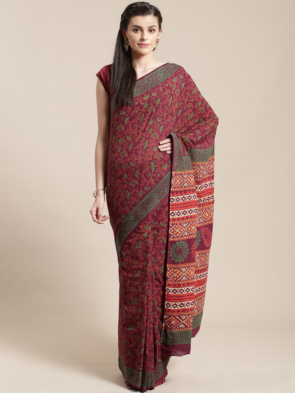 Off-White & Rust Red Handblock Print Bagru Saree-Saree-Kalakari India-BHKPSA0108-Cotton, Geographical Indication, Hand Blocks, Hand Crafted, Heritage Prints, Sanganeri, Sarees, Sustainable Fabrics-[Linen,Ethnic,wear,Fashionista,Handloom,Handicraft,Indigo,blockprint,block,print,Cotton,Chanderi,Blue, latest,classy,party,bollywood,trendy,summer,style,traditional,formal,elegant,unique,style,hand,block,print, dabu,booti,gift,present,glamorous,affordable,collectible,Sari,Saree,printed, holi, Diwali, b