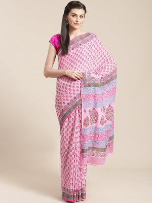 Pink & Blue Handblock Print Bagru Saree-Saree-Kalakari India-BHKPSA0109-Cotton, Geographical Indication, Hand Blocks, Hand Crafted, Heritage Prints, Sanganeri, Sarees, Sustainable Fabrics-[Linen,Ethnic,wear,Fashionista,Handloom,Handicraft,Indigo,blockprint,block,print,Cotton,Chanderi,Blue, latest,classy,party,bollywood,trendy,summer,style,traditional,formal,elegant,unique,style,hand,block,print, dabu,booti,gift,present,glamorous,affordable,collectible,Sari,Saree,printed, holi, Diwali, birthday, 