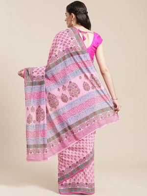 Pink & Blue Handblock Print Bagru Saree-Saree-Kalakari India-BHKPSA0109-Cotton, Geographical Indication, Hand Blocks, Hand Crafted, Heritage Prints, Sanganeri, Sarees, Sustainable Fabrics-[Linen,Ethnic,wear,Fashionista,Handloom,Handicraft,Indigo,blockprint,block,print,Cotton,Chanderi,Blue, latest,classy,party,bollywood,trendy,summer,style,traditional,formal,elegant,unique,style,hand,block,print, dabu,booti,gift,present,glamorous,affordable,collectible,Sari,Saree,printed, holi, Diwali, birthday, 