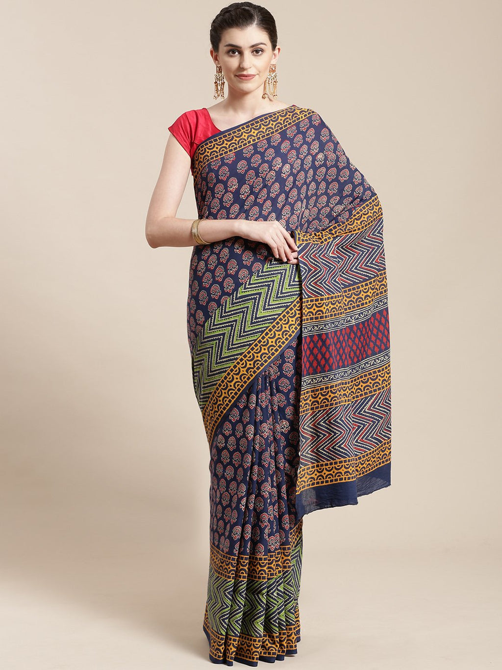 Navy Blue & Red Handblock Print Bagru Saree-Saree-Kalakari India-BHKPSA0110-Cotton, Geographical Indication, Hand Blocks, Hand Crafted, Heritage Prints, Sanganeri, Sarees, Sustainable Fabrics-[Linen,Ethnic,wear,Fashionista,Handloom,Handicraft,Indigo,blockprint,block,print,Cotton,Chanderi,Blue, latest,classy,party,bollywood,trendy,summer,style,traditional,formal,elegant,unique,style,hand,block,print, dabu,booti,gift,present,glamorous,affordable,collectible,Sari,Saree,printed, holi, Diwali, birthd