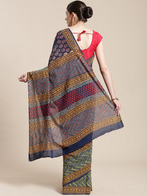 Navy Blue & Red Handblock Print Bagru Saree-Saree-Kalakari India-BHKPSA0110-Cotton, Geographical Indication, Hand Blocks, Hand Crafted, Heritage Prints, Sanganeri, Sarees, Sustainable Fabrics-[Linen,Ethnic,wear,Fashionista,Handloom,Handicraft,Indigo,blockprint,block,print,Cotton,Chanderi,Blue, latest,classy,party,bollywood,trendy,summer,style,traditional,formal,elegant,unique,style,hand,block,print, dabu,booti,gift,present,glamorous,affordable,collectible,Sari,Saree,printed, holi, Diwali, birthd