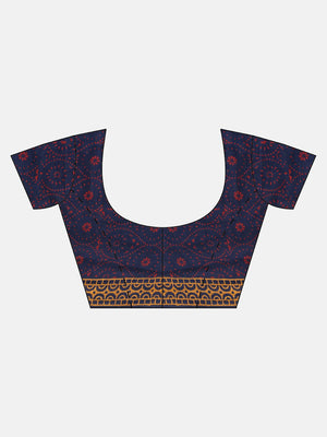 Navy Blue & Red Handblock Print Bagru Saree-Saree-Kalakari India-BHKPSA0110-Cotton, Geographical Indication, Hand Blocks, Hand Crafted, Heritage Prints, Sanganeri, Sarees, Sustainable Fabrics-[Linen,Ethnic,wear,Fashionista,Handloom,Handicraft,Indigo,blockprint,block,print,Cotton,Chanderi,Blue, latest,classy,party,bollywood,trendy,summer,style,traditional,formal,elegant,unique,style,hand,block,print, dabu,booti,gift,present,glamorous,affordable,collectible,Sari,Saree,printed, holi, Diwali, birthd