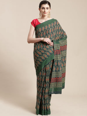 Green & Red Hand Block Paisley Print Bagru Saree-Saree-Kalakari India-BHKPSA0112-Cotton, Geographical Indication, Hand Blocks, Hand Crafted, Heritage Prints, Sanganeri, Sarees, Sustainable Fabrics-[Linen,Ethnic,wear,Fashionista,Handloom,Handicraft,Indigo,blockprint,block,print,Cotton,Chanderi,Blue, latest,classy,party,bollywood,trendy,summer,style,traditional,formal,elegant,unique,style,hand,block,print, dabu,booti,gift,present,glamorous,affordable,collectible,Sari,Saree,printed, holi, Diwali, b