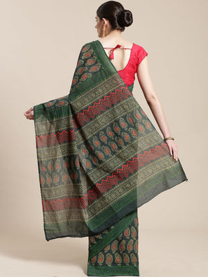 Green & Red Hand Block Paisley Print Bagru Saree-Saree-Kalakari India-BHKPSA0112-Cotton, Geographical Indication, Hand Blocks, Hand Crafted, Heritage Prints, Sanganeri, Sarees, Sustainable Fabrics-[Linen,Ethnic,wear,Fashionista,Handloom,Handicraft,Indigo,blockprint,block,print,Cotton,Chanderi,Blue, latest,classy,party,bollywood,trendy,summer,style,traditional,formal,elegant,unique,style,hand,block,print, dabu,booti,gift,present,glamorous,affordable,collectible,Sari,Saree,printed, holi, Diwali, b