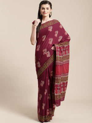 Burgundy Handblock Print Bagru Saree-Saree-Kalakari India-BHKPSA0113-Cotton, Geographical Indication, Hand Blocks, Hand Crafted, Heritage Prints, Sanganeri, Sarees, Sustainable Fabrics-[Linen,Ethnic,wear,Fashionista,Handloom,Handicraft,Indigo,blockprint,block,print,Cotton,Chanderi,Blue, latest,classy,party,bollywood,trendy,summer,style,traditional,formal,elegant,unique,style,hand,block,print, dabu,booti,gift,present,glamorous,affordable,collectible,Sari,Saree,printed, holi, Diwali, birthday, ann