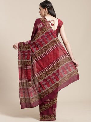Burgundy Handblock Print Bagru Saree-Saree-Kalakari India-BHKPSA0113-Cotton, Geographical Indication, Hand Blocks, Hand Crafted, Heritage Prints, Sanganeri, Sarees, Sustainable Fabrics-[Linen,Ethnic,wear,Fashionista,Handloom,Handicraft,Indigo,blockprint,block,print,Cotton,Chanderi,Blue, latest,classy,party,bollywood,trendy,summer,style,traditional,formal,elegant,unique,style,hand,block,print, dabu,booti,gift,present,glamorous,affordable,collectible,Sari,Saree,printed, holi, Diwali, birthday, ann