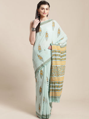 Sea Green & Orange Handblock Print Saree-Saree-Kalakari India-BHKPSA0114-Cotton, Geographical Indication, Hand Blocks, Hand Crafted, Heritage Prints, Sanganeri, Sarees, Sustainable Fabrics-[Linen,Ethnic,wear,Fashionista,Handloom,Handicraft,Indigo,blockprint,block,print,Cotton,Chanderi,Blue, latest,classy,party,bollywood,trendy,summer,style,traditional,formal,elegant,unique,style,hand,block,print, dabu,booti,gift,present,glamorous,affordable,collectible,Sari,Saree,printed, holi, Diwali, birthday,