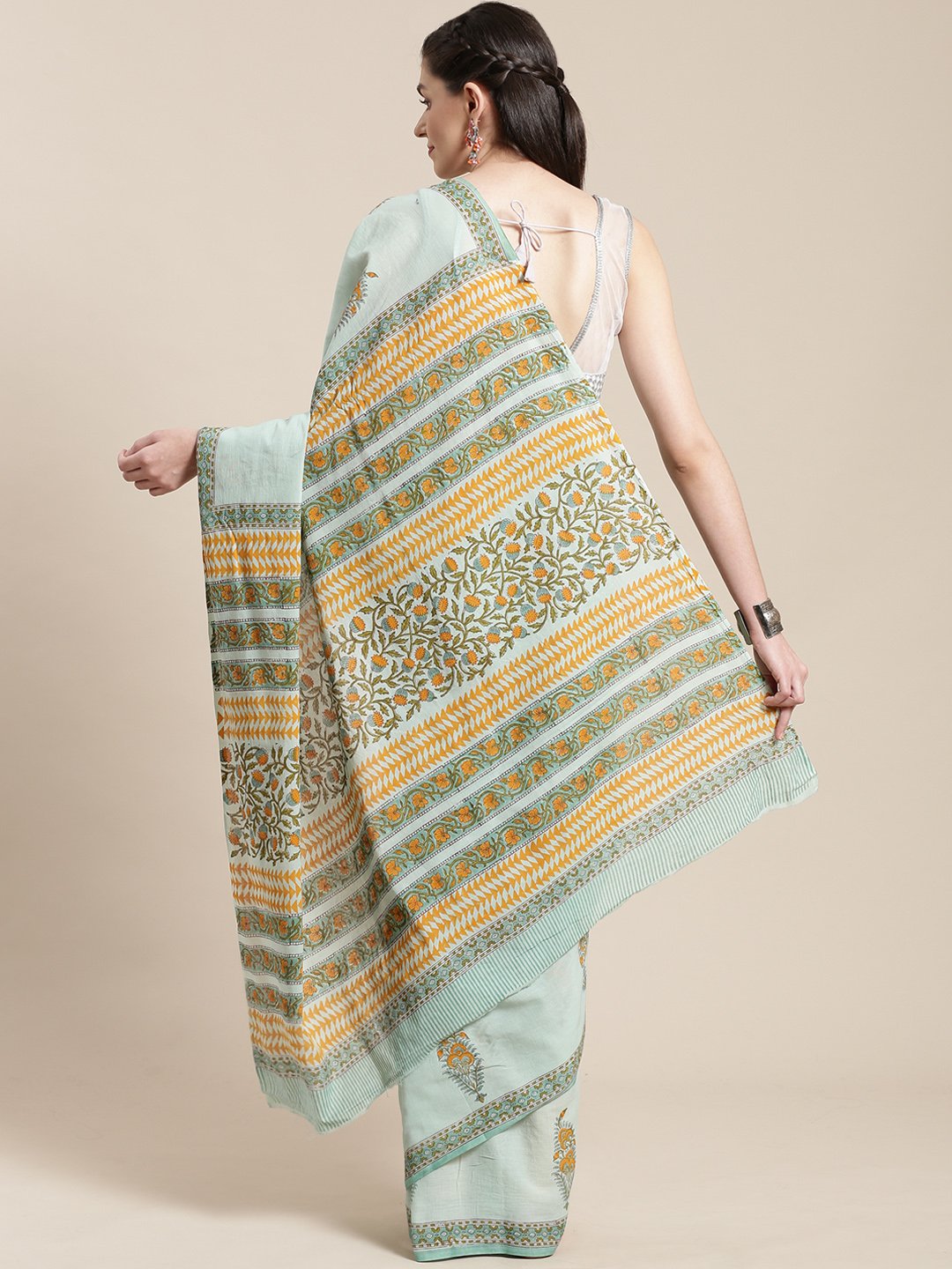 Sea Green & Orange Handblock Print Saree-Saree-Kalakari India-BHKPSA0114-Cotton, Geographical Indication, Hand Blocks, Hand Crafted, Heritage Prints, Sanganeri, Sarees, Sustainable Fabrics-[Linen,Ethnic,wear,Fashionista,Handloom,Handicraft,Indigo,blockprint,block,print,Cotton,Chanderi,Blue, latest,classy,party,bollywood,trendy,summer,style,traditional,formal,elegant,unique,style,hand,block,print, dabu,booti,gift,present,glamorous,affordable,collectible,Sari,Saree,printed, holi, Diwali, birthday,