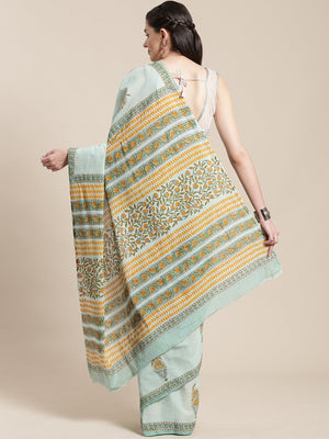 Sea Green & Orange Handblock Print Saree-Saree-Kalakari India-BHKPSA0114-Cotton, Geographical Indication, Hand Blocks, Hand Crafted, Heritage Prints, Sanganeri, Sarees, Sustainable Fabrics-[Linen,Ethnic,wear,Fashionista,Handloom,Handicraft,Indigo,blockprint,block,print,Cotton,Chanderi,Blue, latest,classy,party,bollywood,trendy,summer,style,traditional,formal,elegant,unique,style,hand,block,print, dabu,booti,gift,present,glamorous,affordable,collectible,Sari,Saree,printed, holi, Diwali, birthday,