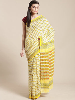 Yellow & Olive Green Handblock Print Bagru Saree-Saree-Kalakari India-BHKPSA0115-Cotton, Geographical Indication, Hand Blocks, Hand Crafted, Heritage Prints, Sanganeri, Sarees, Sustainable Fabrics-[Linen,Ethnic,wear,Fashionista,Handloom,Handicraft,Indigo,blockprint,block,print,Cotton,Chanderi,Blue, latest,classy,party,bollywood,trendy,summer,style,traditional,formal,elegant,unique,style,hand,block,print, dabu,booti,gift,present,glamorous,affordable,collectible,Sari,Saree,printed, holi, Diwali, b