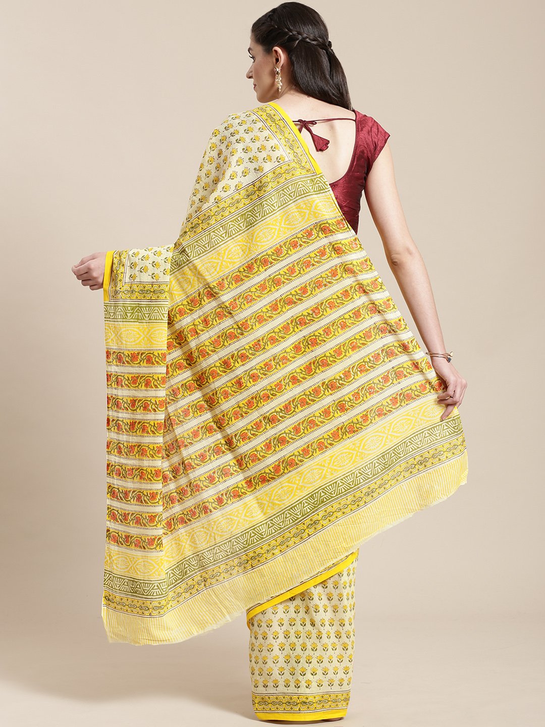 Yellow & Olive Green Handblock Print Bagru Saree-Saree-Kalakari India-BHKPSA0115-Cotton, Geographical Indication, Hand Blocks, Hand Crafted, Heritage Prints, Sanganeri, Sarees, Sustainable Fabrics-[Linen,Ethnic,wear,Fashionista,Handloom,Handicraft,Indigo,blockprint,block,print,Cotton,Chanderi,Blue, latest,classy,party,bollywood,trendy,summer,style,traditional,formal,elegant,unique,style,hand,block,print, dabu,booti,gift,present,glamorous,affordable,collectible,Sari,Saree,printed, holi, Diwali, b