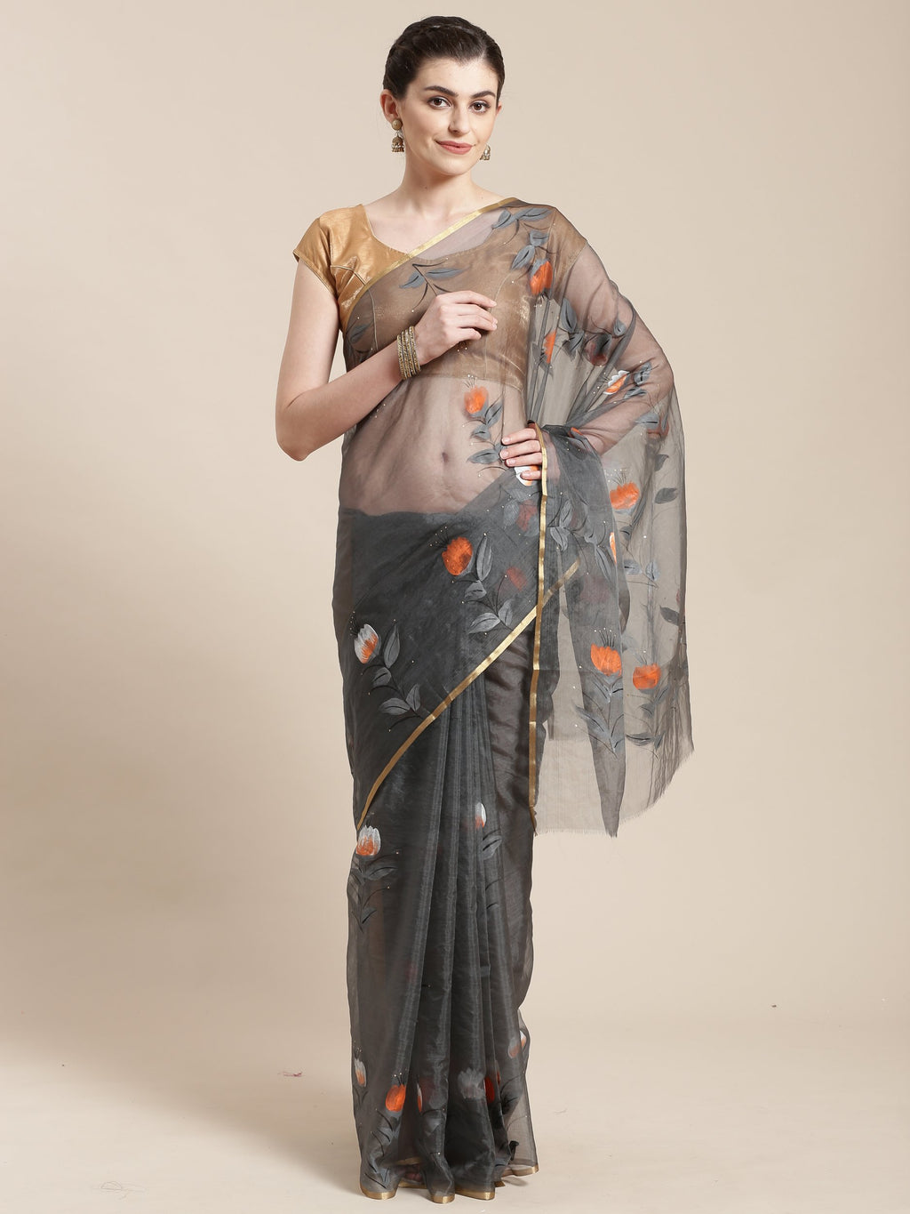 Grey Organza Hand Painted Organza Saree-Saree-Kalakari India-BHKPSA0117-Hand Painted, Organza, Sarees, Sustainable Fabrics, Traditional Weave-[Linen,Ethnic,wear,Fashionista,Handloom,Handicraft,Indigo,blockprint,block,print,Cotton,Chanderi,Blue, latest,classy,party,bollywood,trendy,summer,style,traditional,formal,elegant,unique,style,hand,block,print, dabu,booti,gift,present,glamorous,affordable,collectible,Sari,Saree,printed, holi, Diwali, birthday, anniversary, sustainable, organic, scarf, onli