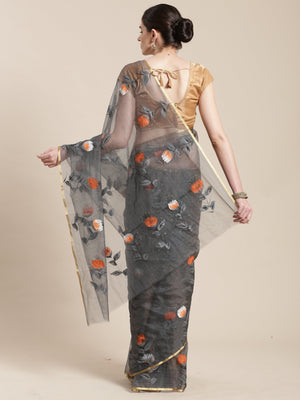 Grey Organza Hand Painted Organza Saree-Saree-Kalakari India-BHKPSA0117-Hand Painted, Organza, Sarees, Sustainable Fabrics, Traditional Weave-[Linen,Ethnic,wear,Fashionista,Handloom,Handicraft,Indigo,blockprint,block,print,Cotton,Chanderi,Blue, latest,classy,party,bollywood,trendy,summer,style,traditional,formal,elegant,unique,style,hand,block,print, dabu,booti,gift,present,glamorous,affordable,collectible,Sari,Saree,printed, holi, Diwali, birthday, anniversary, sustainable, organic, scarf, onli