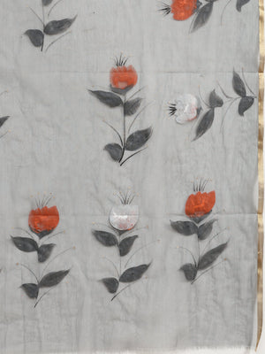 Grey Organza Hand Painted Organza Saree-Saree-Kalakari India-BHKPSA0117-Hand Painted, Organza, Sarees, Sustainable Fabrics, Traditional Weave-[Linen,Ethnic,wear,Fashionista,Handloom,Handicraft,Indigo,blockprint,block,print,Cotton,Chanderi,Blue, latest,classy,party,bollywood,trendy,summer,style,traditional,formal,elegant,unique,style,hand,block,print, dabu,booti,gift,present,glamorous,affordable,collectible,Sari,Saree,printed, holi, Diwali, birthday, anniversary, sustainable, organic, scarf, onli