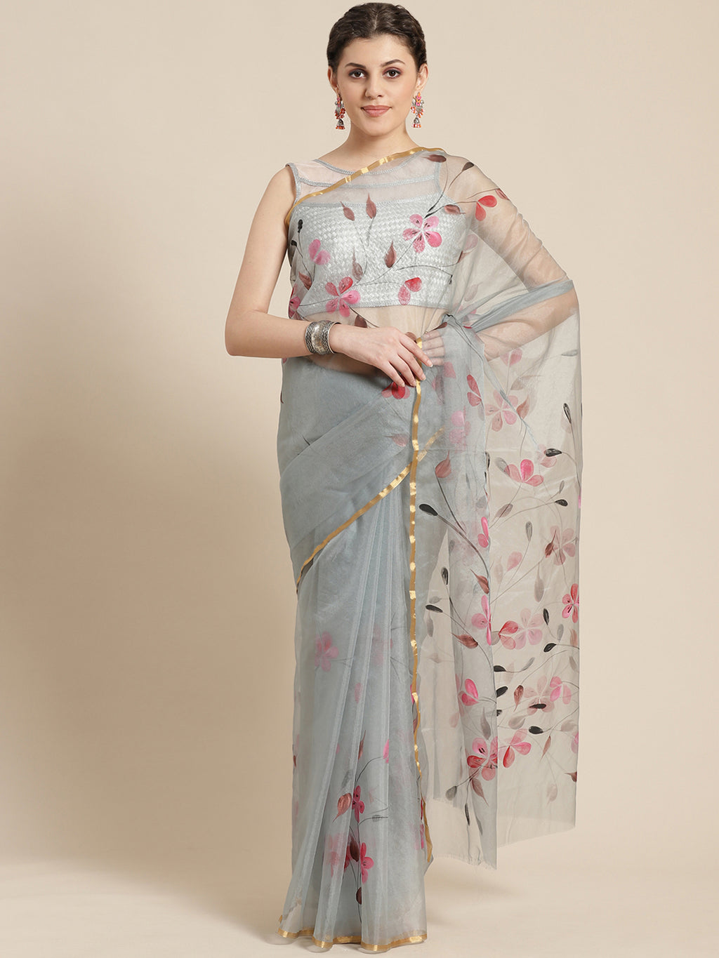 Grey & Pink Floral Hand Painted Organza Saree-Saree-Kalakari India-BHKPSA0119-Hand Painted, Organza, Sarees, Sustainable Fabrics, Traditional Weave-[Linen,Ethnic,wear,Fashionista,Handloom,Handicraft,Indigo,blockprint,block,print,Cotton,Chanderi,Blue, latest,classy,party,bollywood,trendy,summer,style,traditional,formal,elegant,unique,style,hand,block,print, dabu,booti,gift,present,glamorous,affordable,collectible,Sari,Saree,printed, holi, Diwali, birthday, anniversary, sustainable, organic, scarf