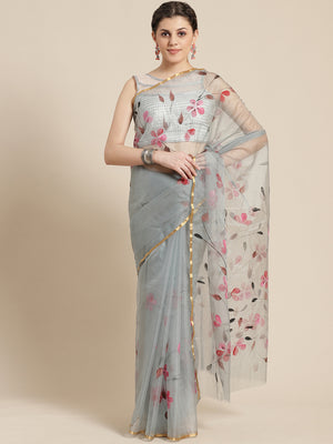 Grey & Pink Floral Hand Painted Organza Saree-Saree-Kalakari India-BHKPSA0119-Hand Painted, Organza, Sarees, Sustainable Fabrics, Traditional Weave-[Linen,Ethnic,wear,Fashionista,Handloom,Handicraft,Indigo,blockprint,block,print,Cotton,Chanderi,Blue, latest,classy,party,bollywood,trendy,summer,style,traditional,formal,elegant,unique,style,hand,block,print, dabu,booti,gift,present,glamorous,affordable,collectible,Sari,Saree,printed, holi, Diwali, birthday, anniversary, sustainable, organic, scarf