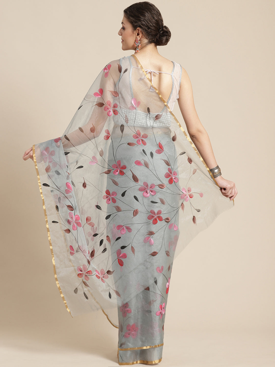 Grey & Pink Floral Hand Painted Organza Saree-Saree-Kalakari India-BHKPSA0119-Hand Painted, Organza, Sarees, Sustainable Fabrics, Traditional Weave-[Linen,Ethnic,wear,Fashionista,Handloom,Handicraft,Indigo,blockprint,block,print,Cotton,Chanderi,Blue, latest,classy,party,bollywood,trendy,summer,style,traditional,formal,elegant,unique,style,hand,block,print, dabu,booti,gift,present,glamorous,affordable,collectible,Sari,Saree,printed, holi, Diwali, birthday, anniversary, sustainable, organic, scarf