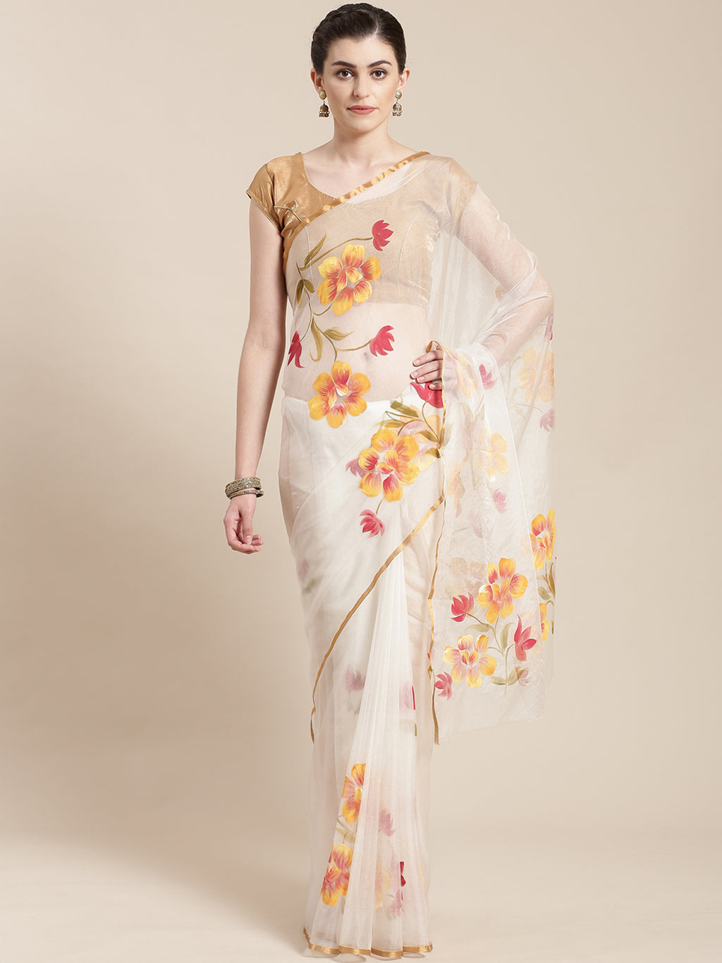 White & Mustard Yellow Floral Hand Painted Organza Saree-Saree-Kalakari India-BHKPSA0121-Hand Painted, Organza, Sarees, Sustainable Fabrics, Traditional Weave-[Linen,Ethnic,wear,Fashionista,Handloom,Handicraft,Indigo,blockprint,block,print,Cotton,Chanderi,Blue, latest,classy,party,bollywood,trendy,summer,style,traditional,formal,elegant,unique,style,hand,block,print, dabu,booti,gift,present,glamorous,affordable,collectible,Sari,Saree,printed, holi, Diwali, birthday, anniversary, sustainable, org
